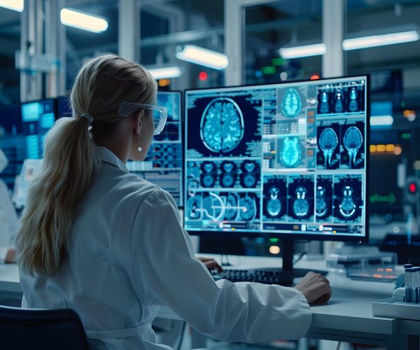 High Tech Neural Interface Laboratory Analyzing Brain Plasticity and Adaptive Functions with Advanced Digital Technology and Data Display  Neuroscience Research Concept