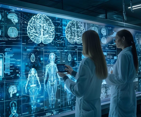 High Tech Neural Lab Conducting Cutting Edge Brain Activity Experiments and Visualizations Using Holographic Brain Displays for Medical Scientific and Technological Advancements